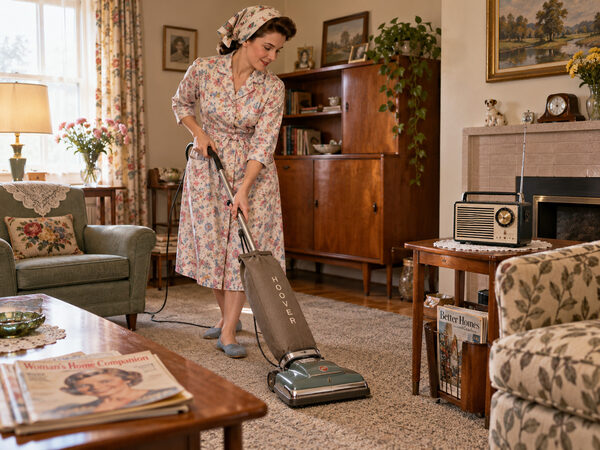 Housewife in a floral dress and headscarf using an upright Hoover vacuum cleaner in a sitting room, with a portable radio on a side table by the fireplace